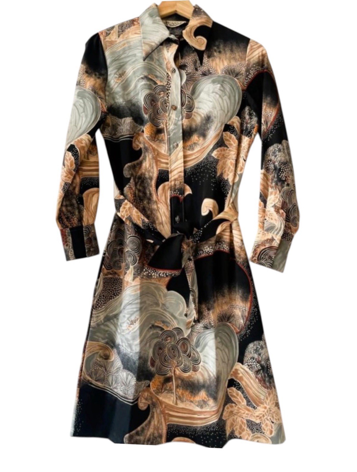 Vintage Lanvin Paris Shirt Dress Sash Japanese Scenic Print Size 8 1970s Belted