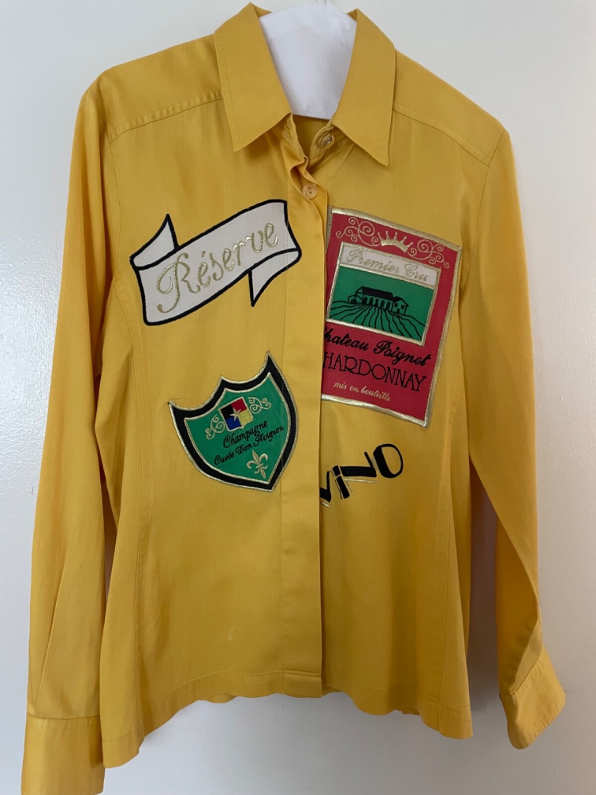 Rare Vintage Multi Motif French Wine Patches Designer Yellow Women’s Shirt – S
