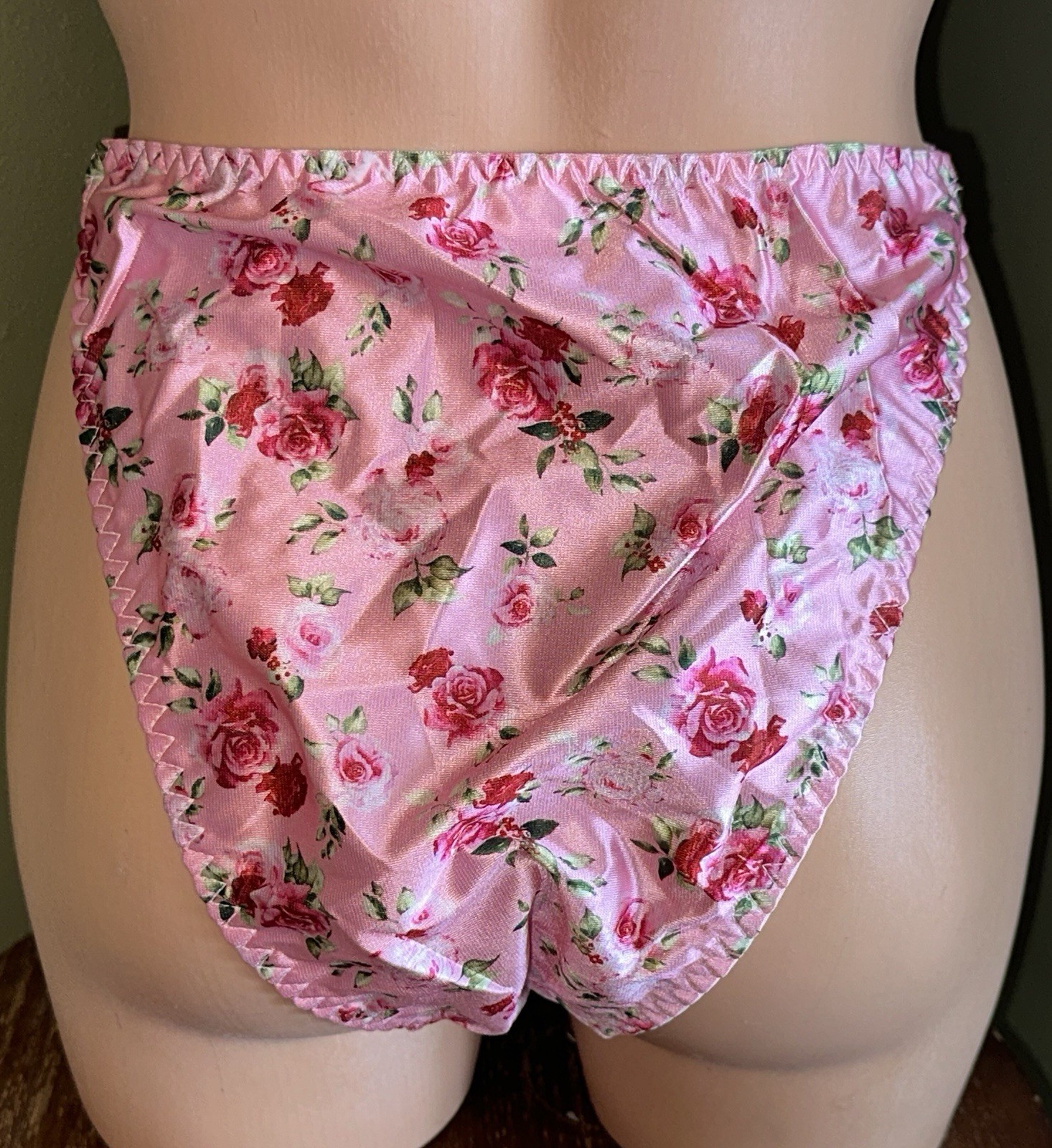 VTG 80’s 90’s Style Pink Floral Satin Hi-Cut String Bikini Panties XL NEW