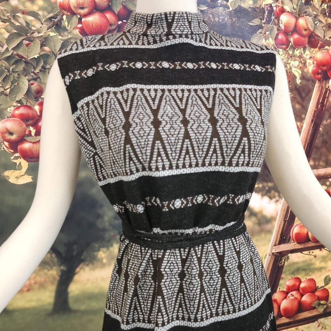 Brown Knit Black Sleevless Gown Mock Neck 1960s Vintage Nordic Sacony Dress