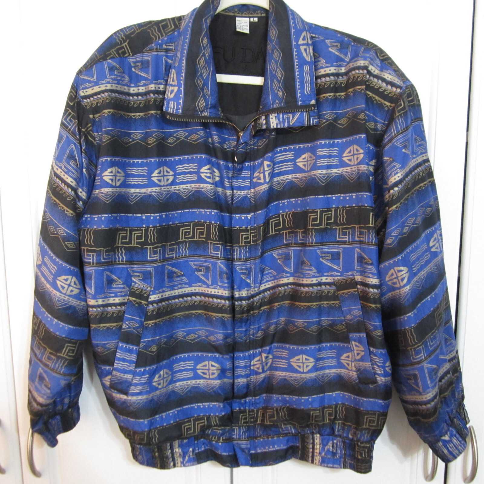 Fuda Int’l Size Large 100% Silk Bomber Jacket Blue/Black/Gold Geometric Print