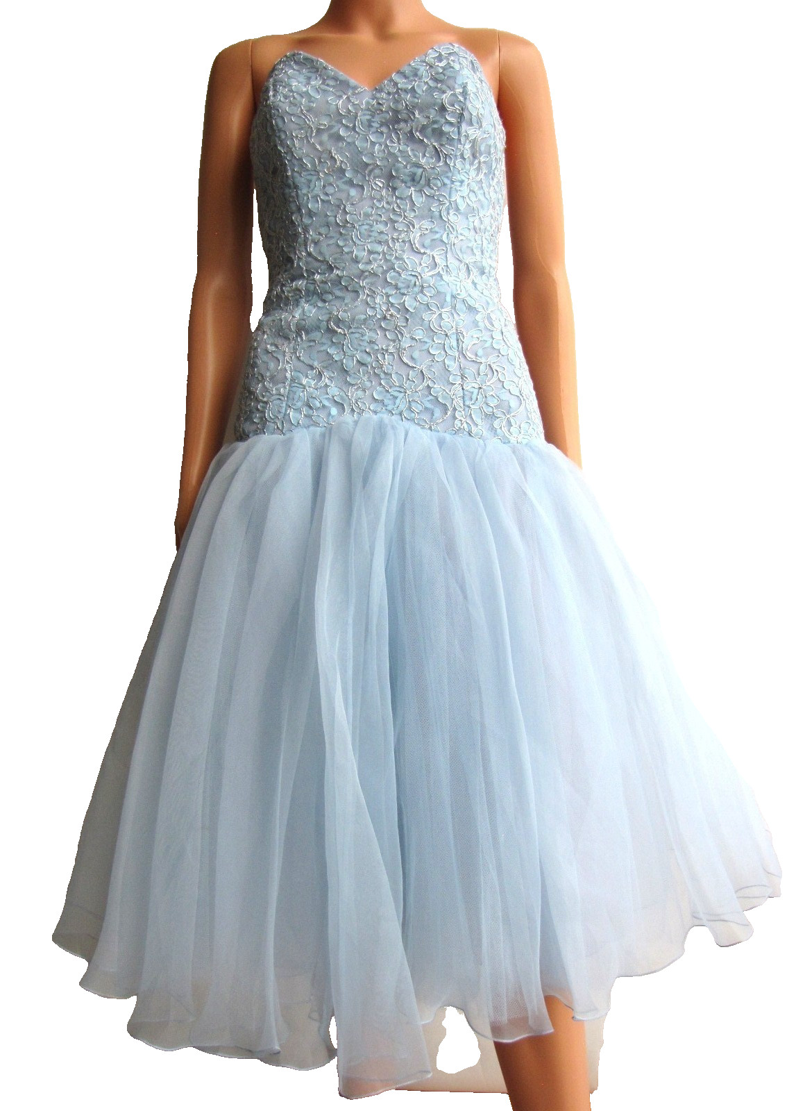 Vtg 80s John Charles Tulle Ball Gown / Cocktail Dress Strapless Baby Blue UK 10