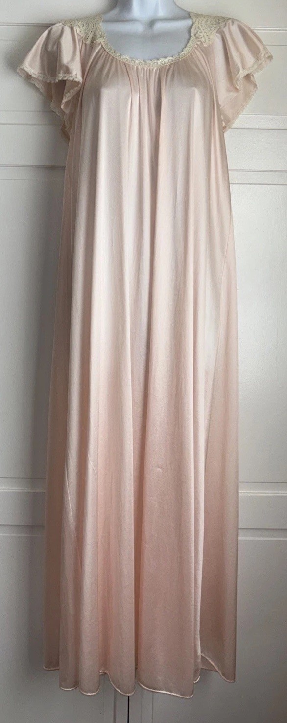 Vintage Miss Elaine Pink Long Nylon & Lace Slip Nightgown w/ Lace Small USA