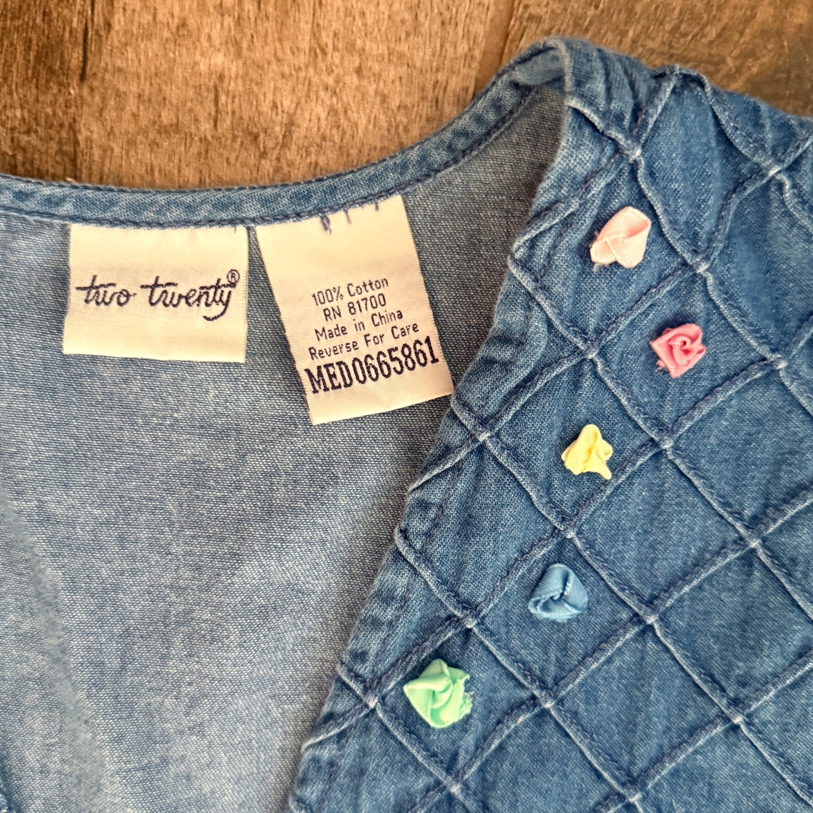Two Twenty Women’s Vintage Rosette Detail Denim Quilted Vest, Blue Pastels,M