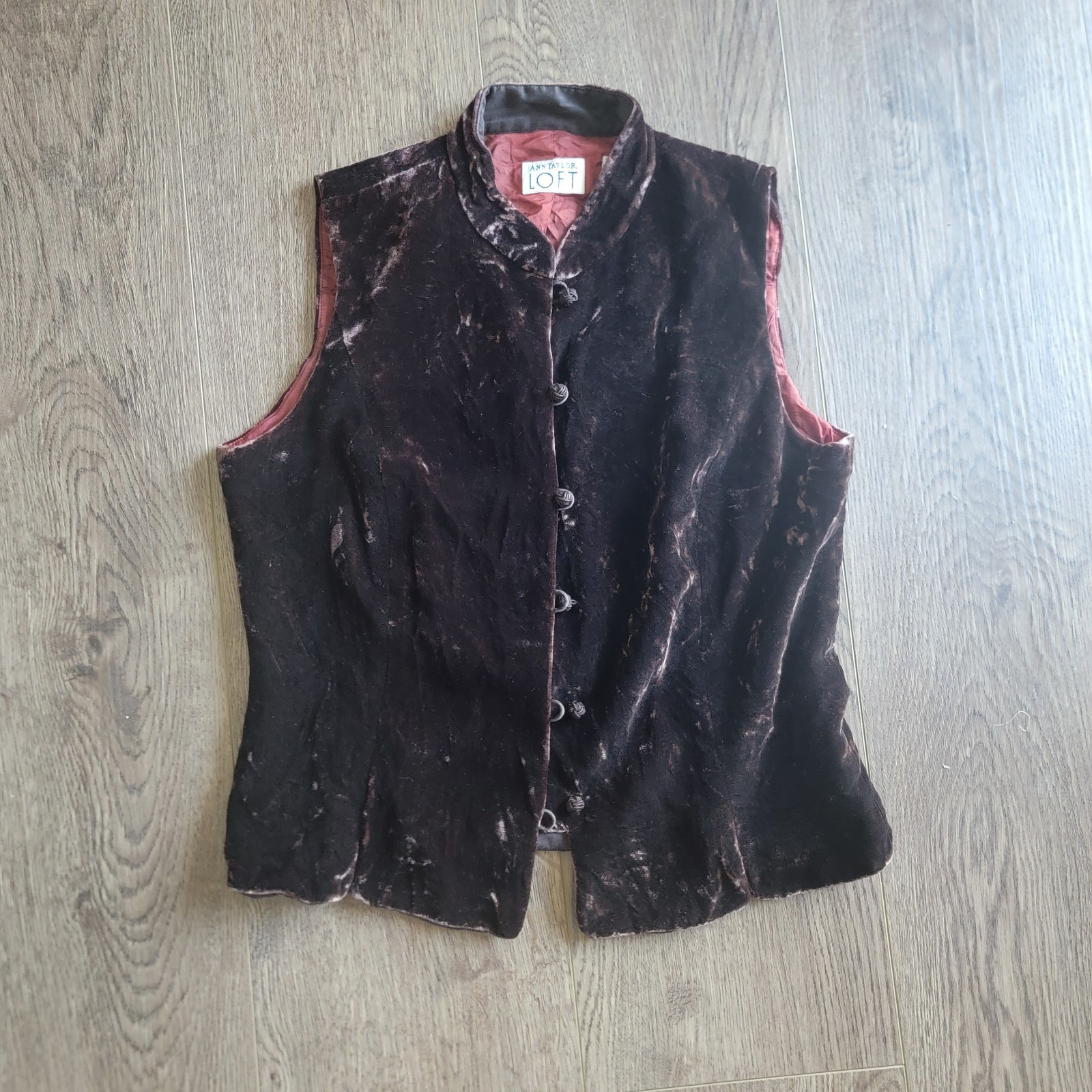 Vintage 90s Ann Taylor Brown Crushed Velvet Mandarin Collar Vest Size 4 XS/S
