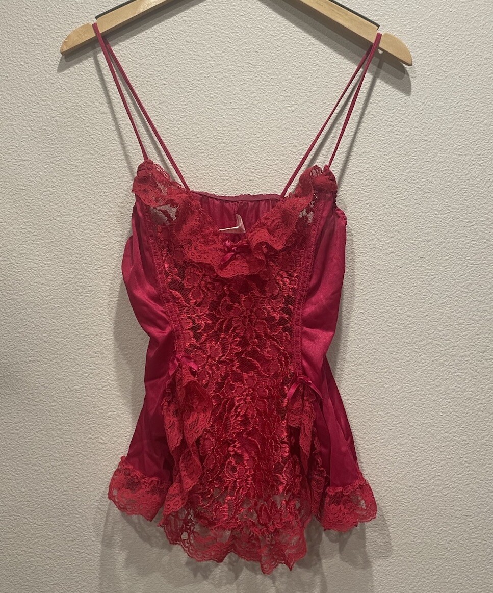 VTG Alana Gale Lingerie Tank Red SZ MEDIUM Lace Ruffle Sexy Bows Romantic Floral