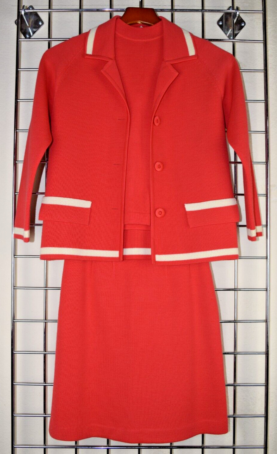Vintage Sweater Top Skirt Set S/M 50s Tai Tung Orange Pink Lambs Wool 3 Piece