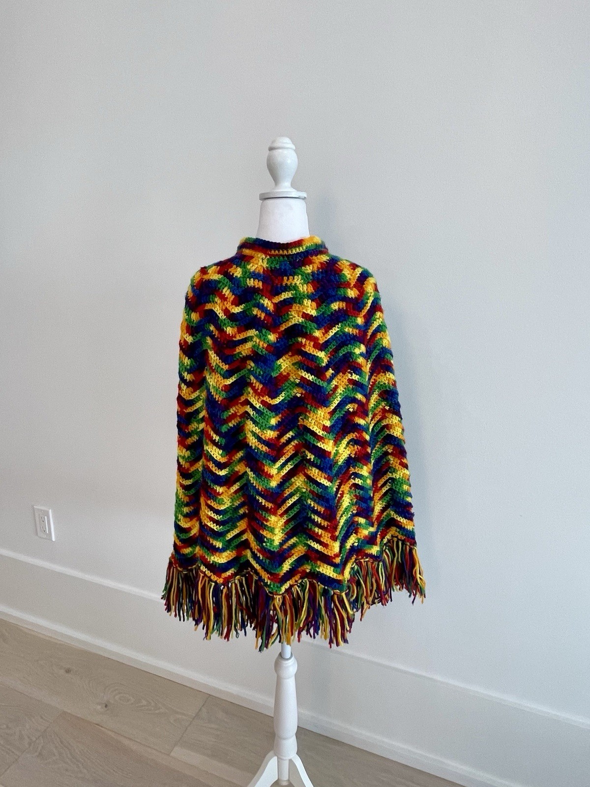 Vintage Handmade Crochet Poncho BOHO Fringe Button Up Festival Hippie OS Color