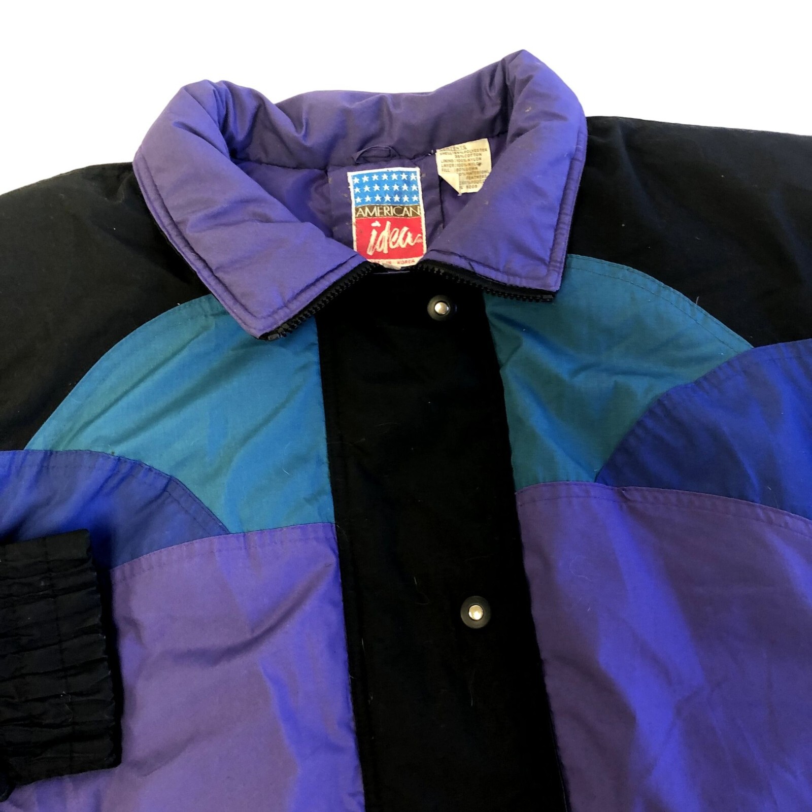 Vtg 80 90’s Black Purple DOWN Filled PUFFER Coat RETRO Winter Snow SKI Jacket XL