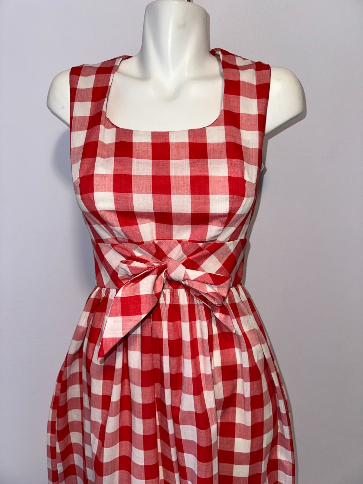Vintage 70s Red Gingham Maxi Dress Concept Swirl Umbrella Applique Picnic 10