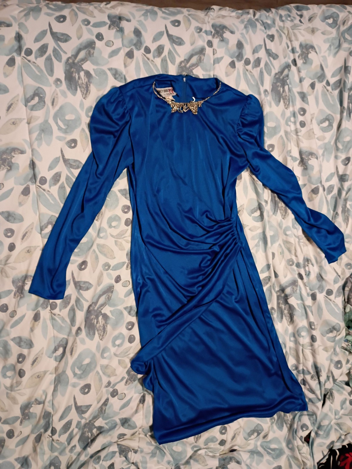 Nancy Bracoloni for Vijack Blue Ruched Dress Rhinestone Long Sleeve