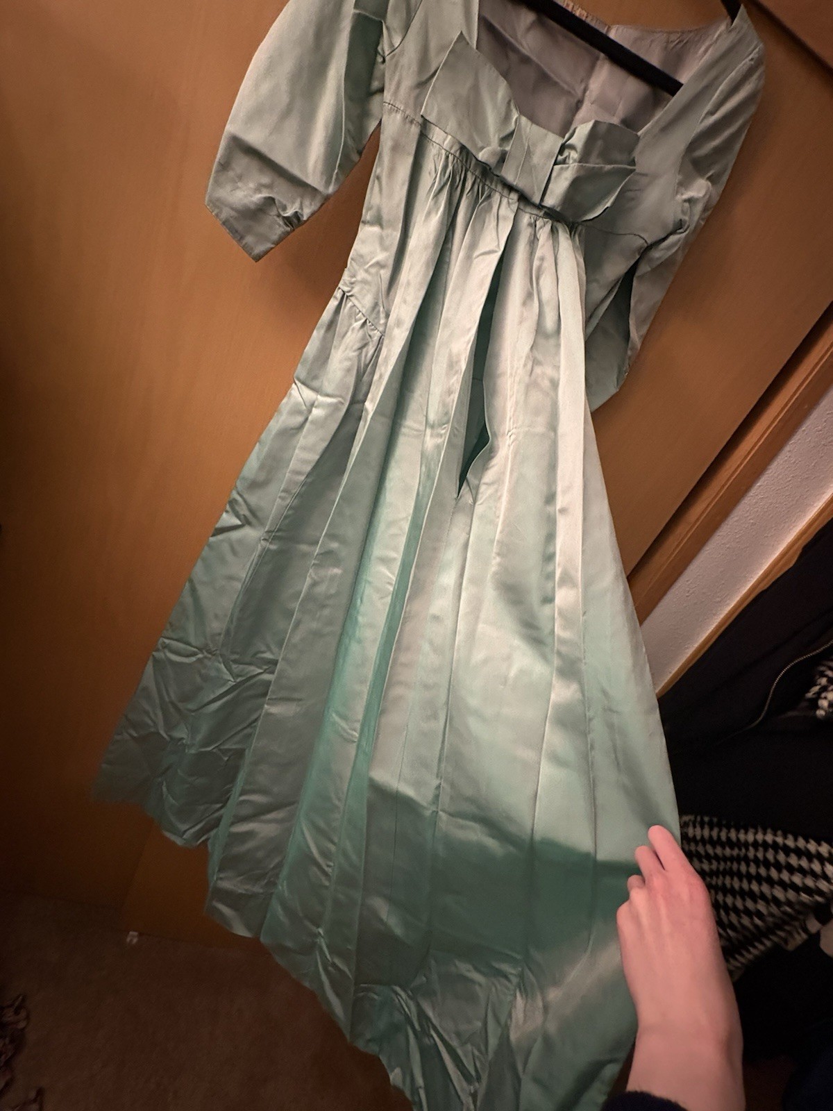 1960s Iridescent Turquoise Green Silk Taffeta Blend Formal Evening Gown.
