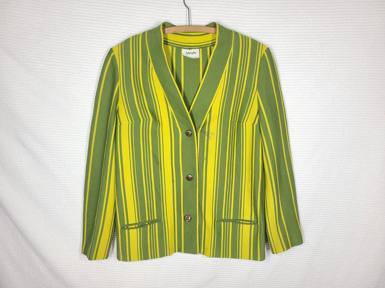 Vtg 60s Knit Blazer Cardigan 100% Wool Lime Green Yellow Stripe Mod Bleyle