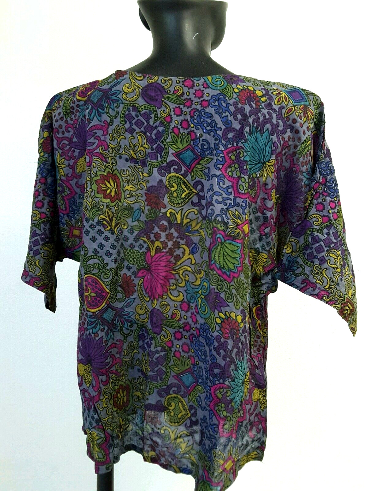 80s Zashi Rayon Top Kitsch Pattern Purple WILD PATTERN HEART Shoulder Pads NEW S