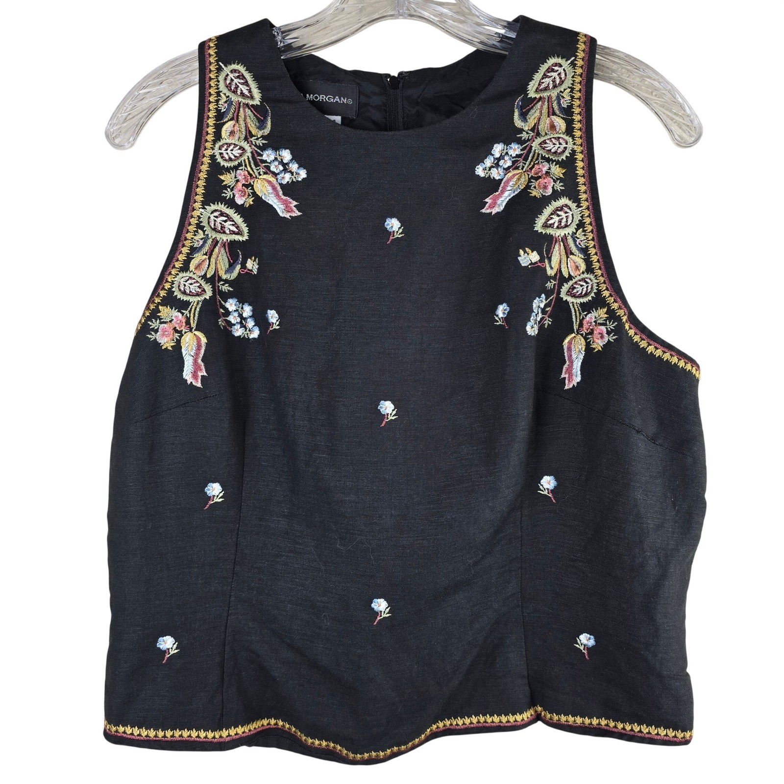 Donna Morgan Vintage Black Linen Blend Floral Embroidered Sleeveless Top Size 14