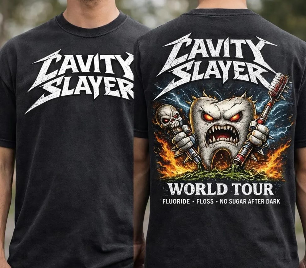 Funny Dental Tee, Cavity Slayer T-Shirt | Metal Band Style Dentist Tee