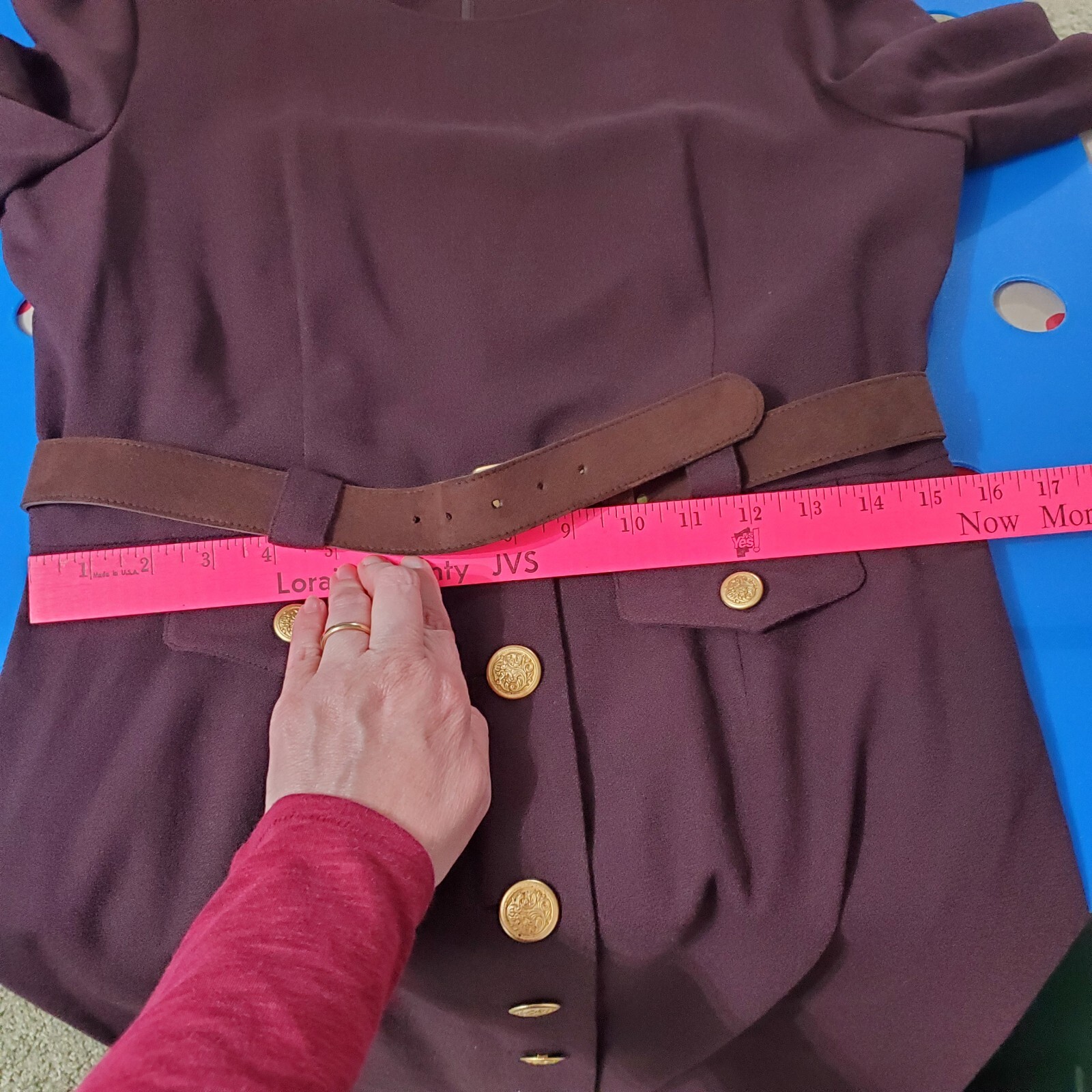 Vintage Oberon Wool Mocca Brown Belted Dress Gold Buttons Desinging Women