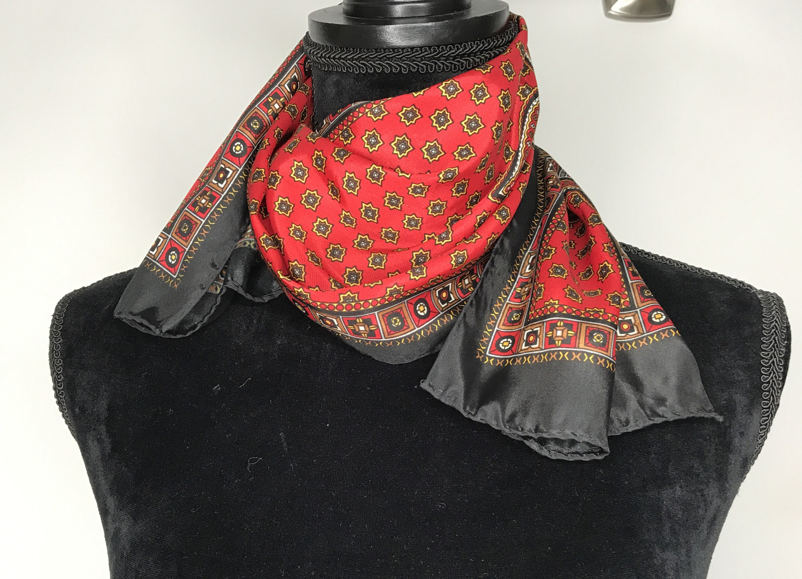 Vintage Polyester Made in Korea 52”x10″ Red, Black, Gold Tone Scarf