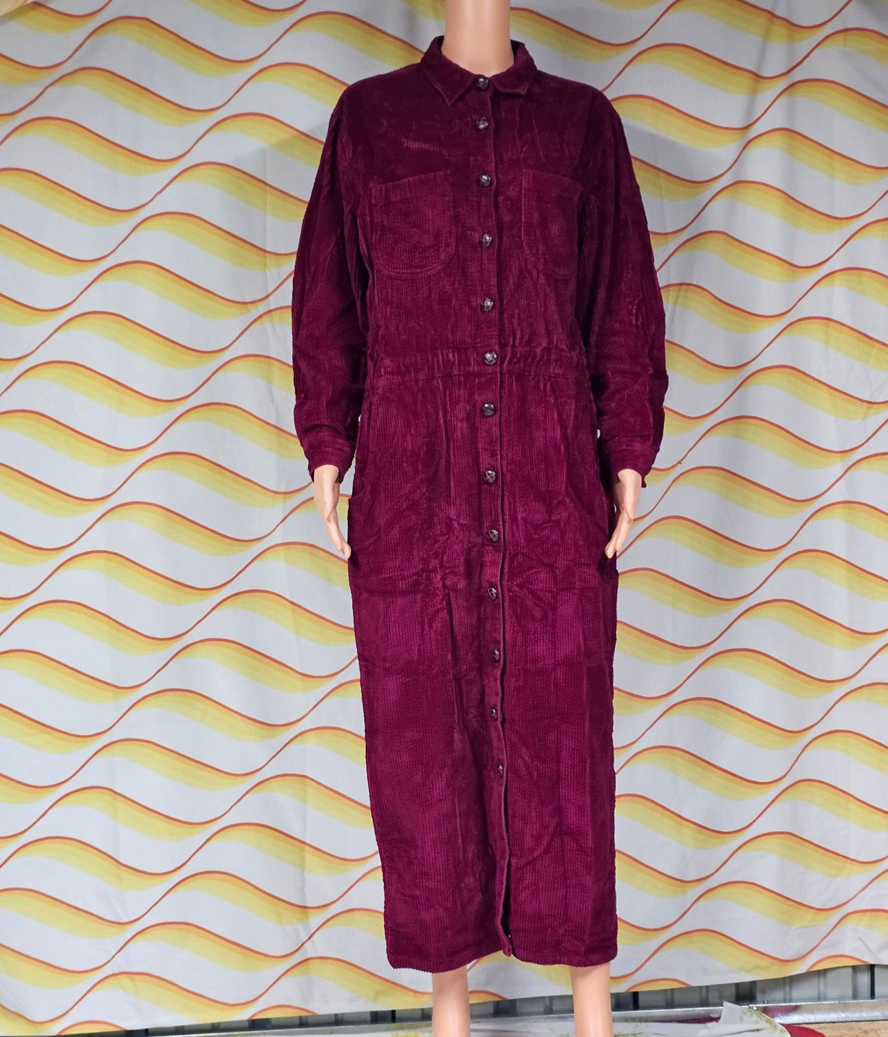 Vintage Fads Wine Red 100% Cotton Corduroy Long Sleeve Maxi Dress Prairie Modest