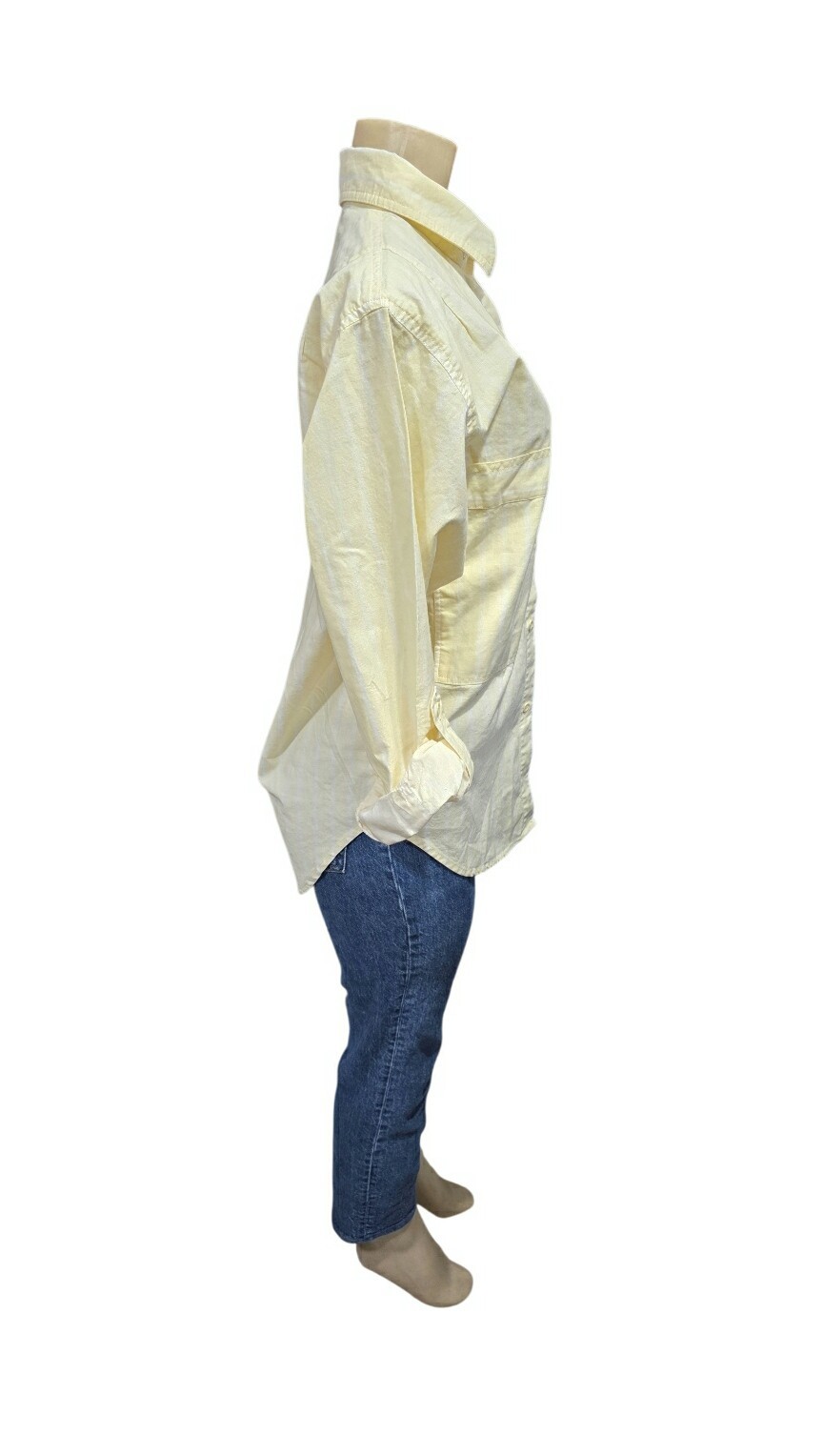 VTG 80s Ilio Striped Yellow White Button Up Shirt Roll Tab Sleeve Size S
