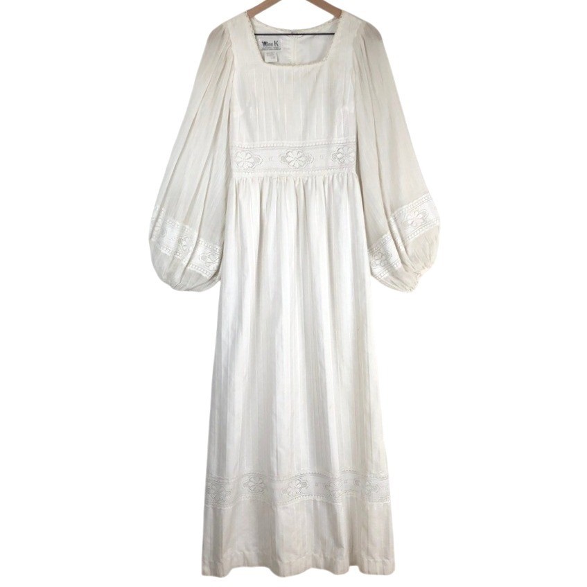 VTG MISS K Alfred Shaheen Lace Maxi Dress Bishop Sleeve Sz 9/10 White Wedding US