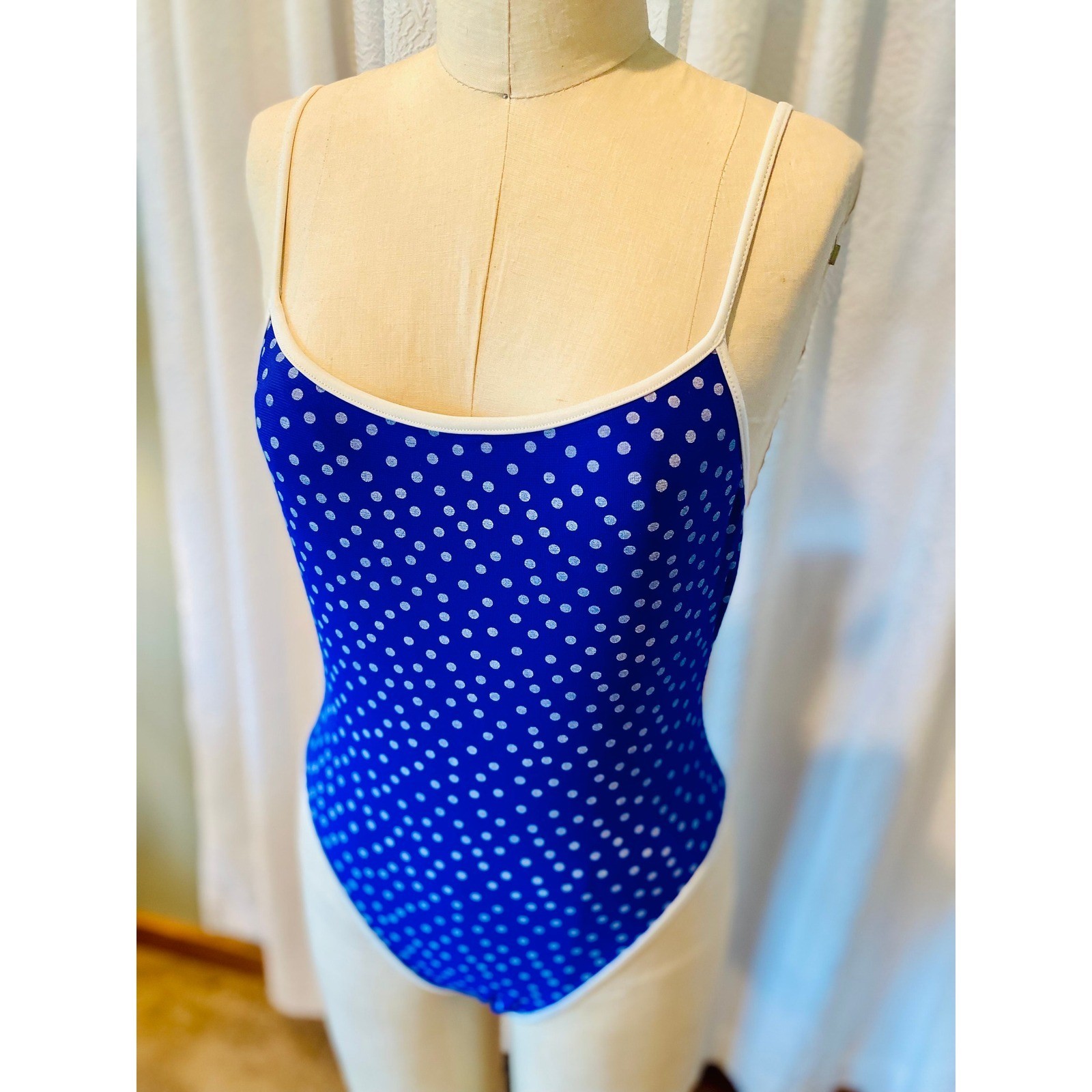 Vintage Polka Dot One Piece Swimsuit, Royal Blue, Size 7/8