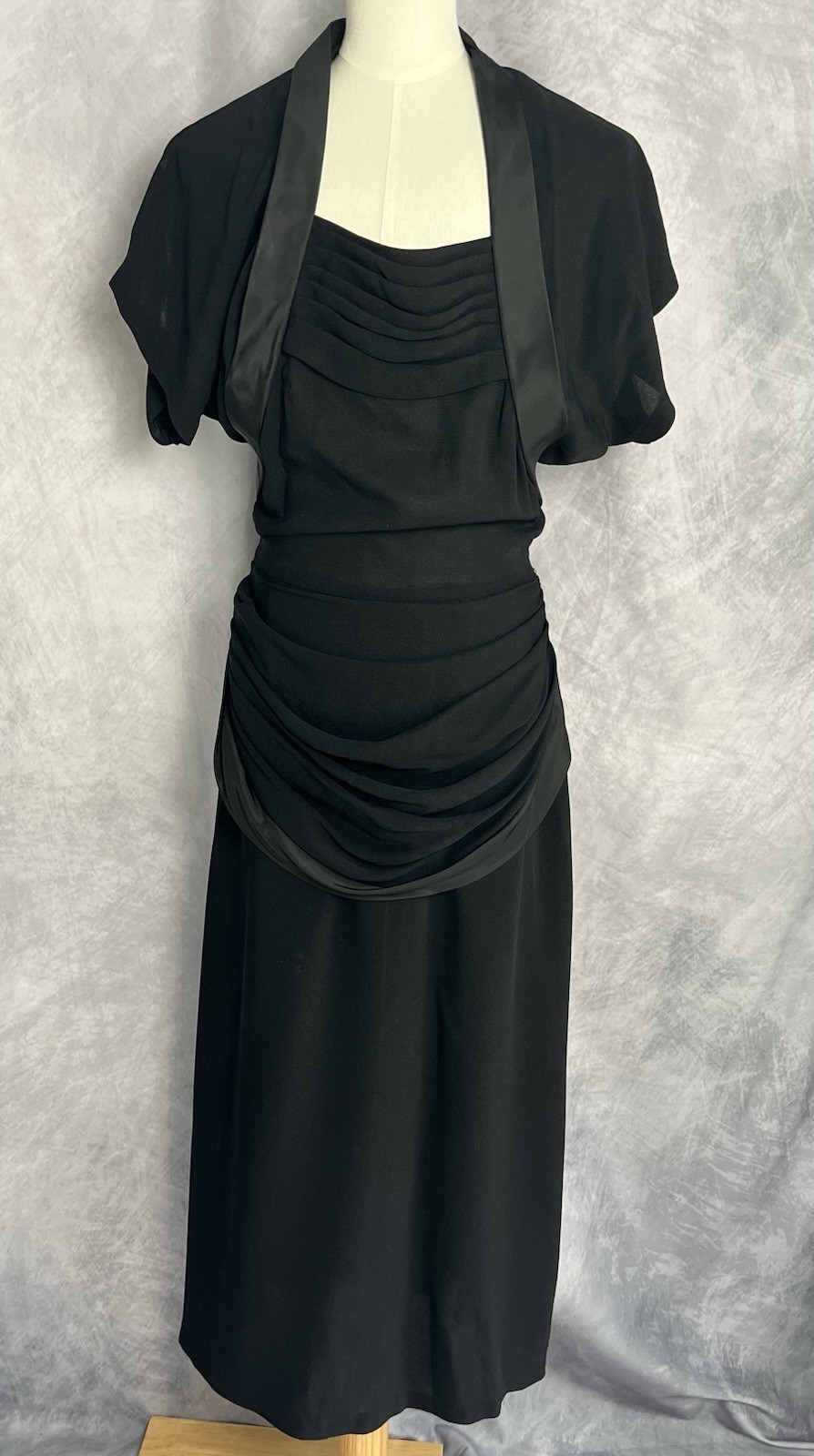 Vintage late 1940s Lombardy Black Crepe Ruched Evening Formal Dress Size XS