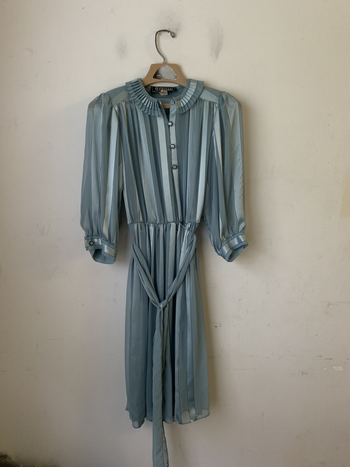 Vintage St Gillian Kay Unger Blue Striped Pleated Collar Midi Dress Size 6 USA