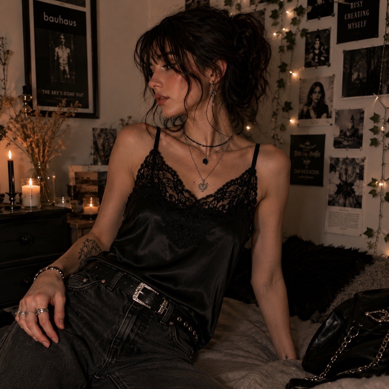 Vintage Black Satin Lace Cami Y2K Goth Coquette Fairy Grunge Size 36 Small