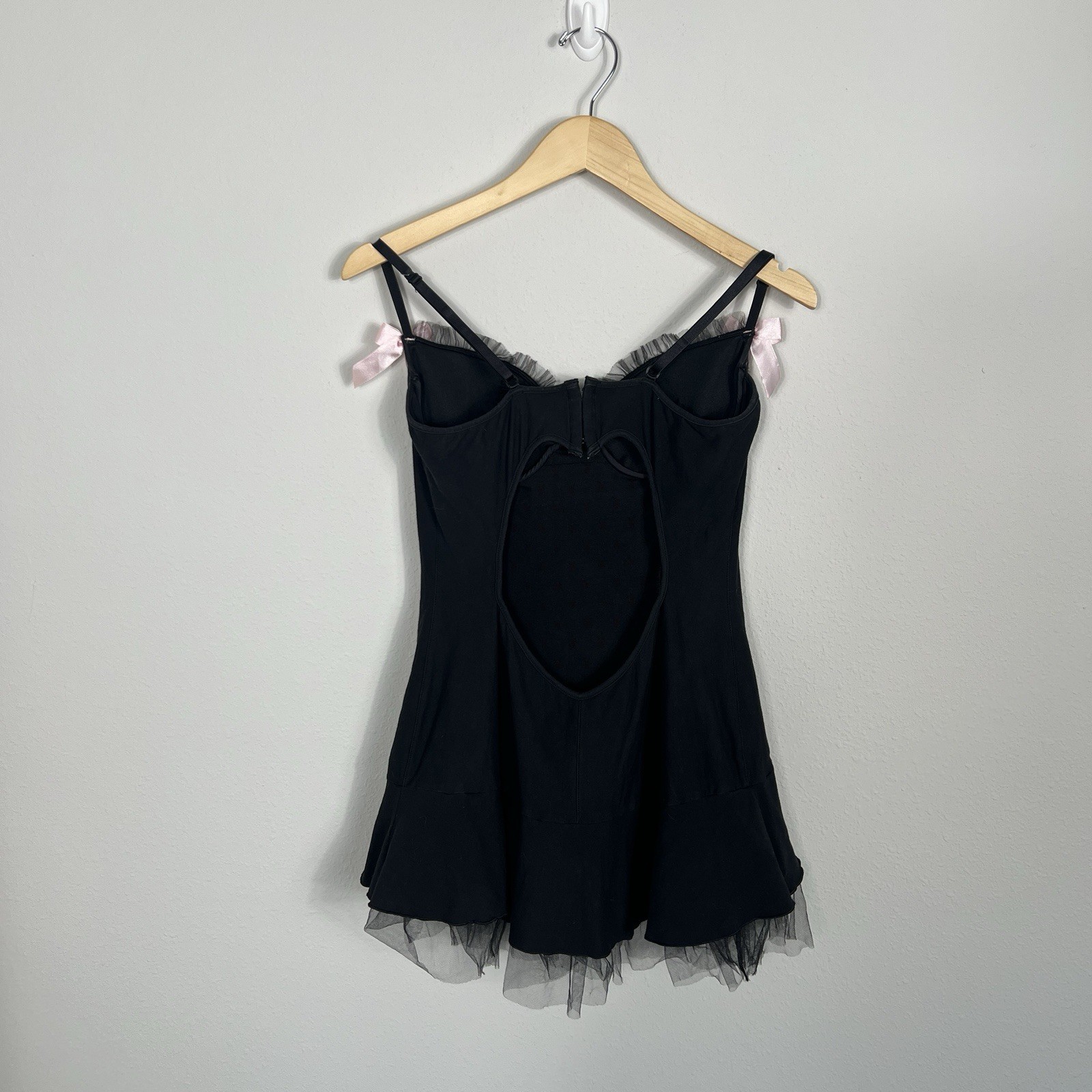 VINTAGE 90s JUST SHIRLEY Black Lingerie Corset Dress Pink Bows Tulle Large