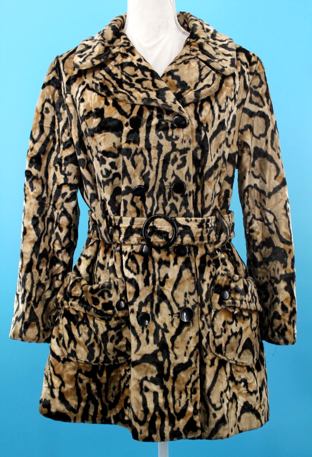 VTG Women’s 60s Jaguar Print Velvet Coat W/ Large Pockets & Belt Sz M/L 1960s