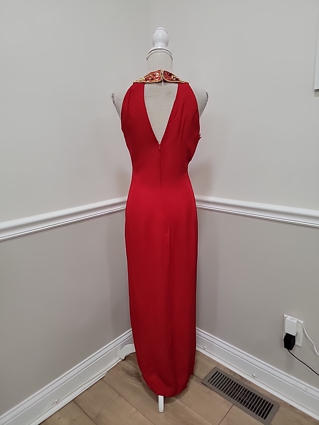 VTG 1980s Red Beaded Halter Evening Gown De Lara by Linda Bernell Maxi Dress