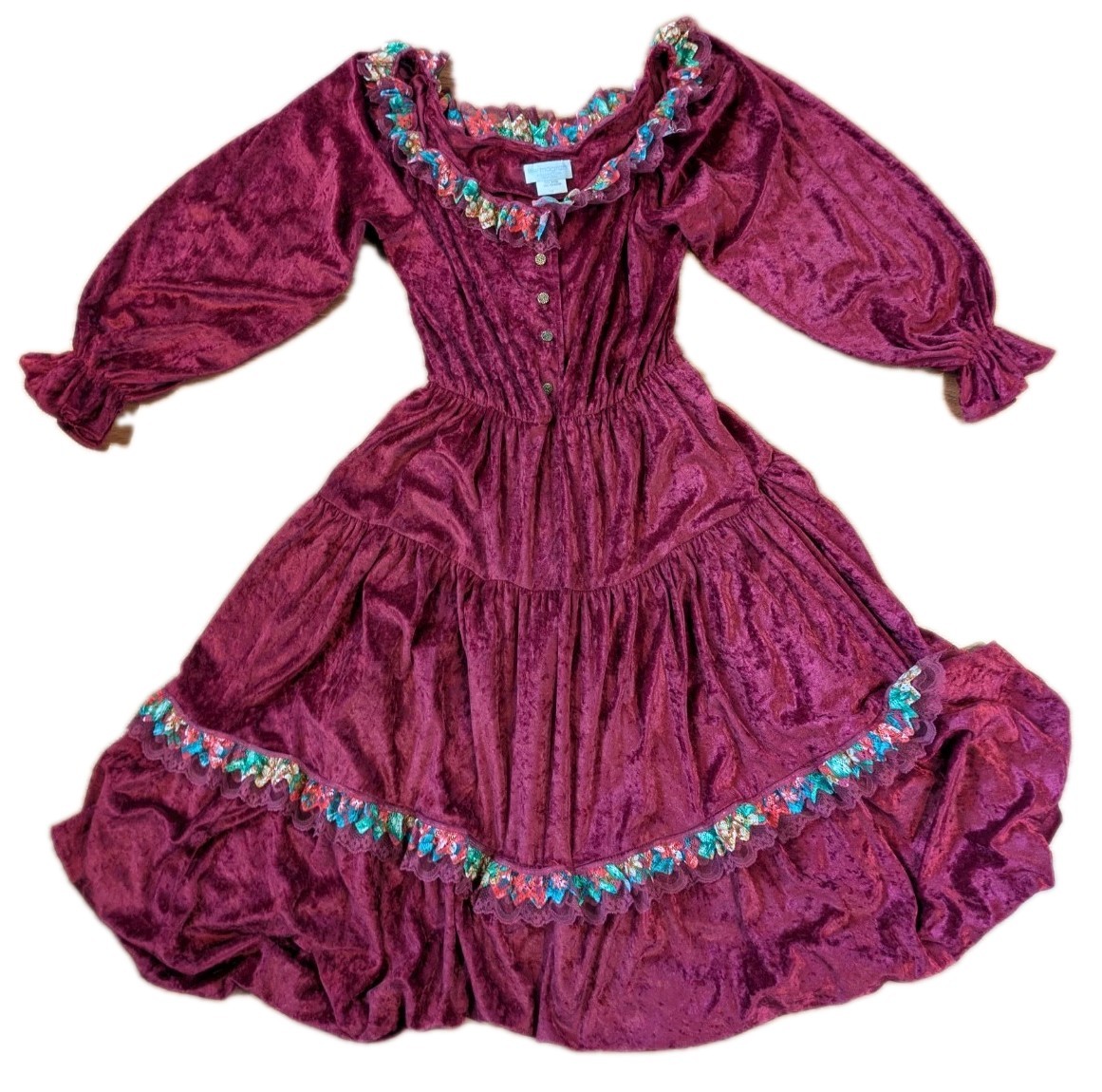 Vintage Lew Magram Crushed Velvet Dress 10 Burgundy Lace Prairie Cottagecore USA