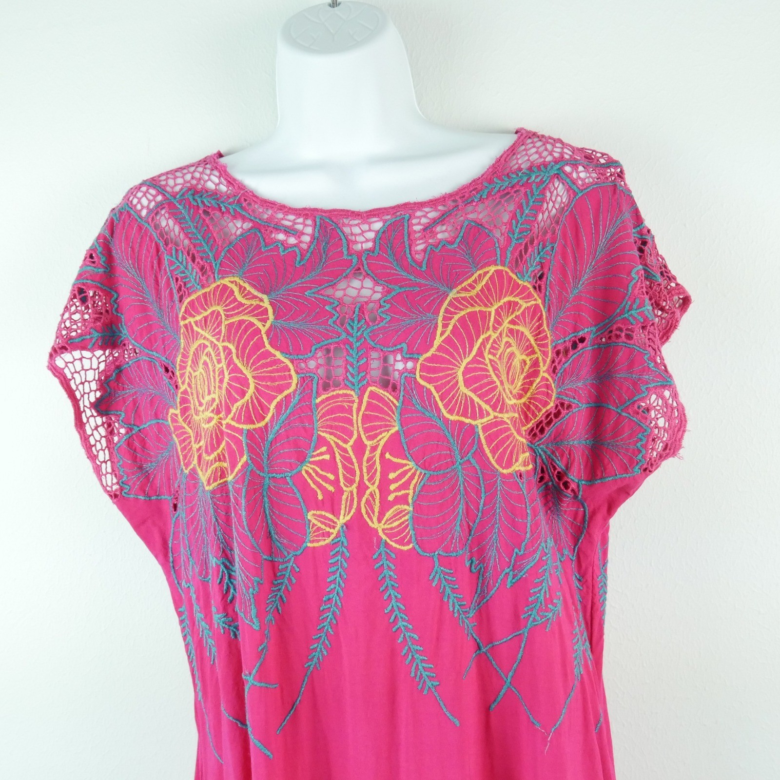 Vintage 80s Pink Floral Embroidered Crochet Maxi Dress Fairy Resort Beach S M