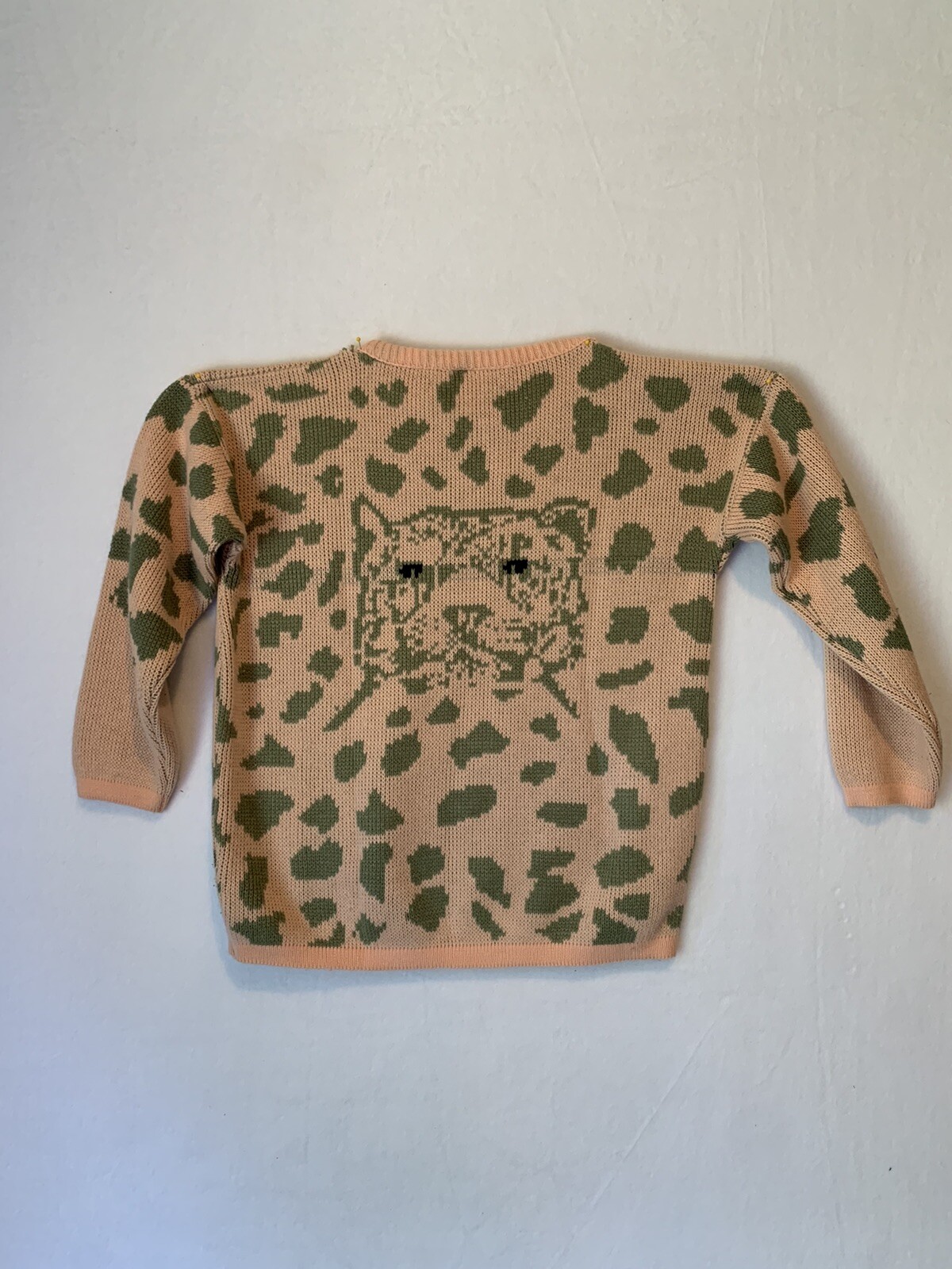 Vintage 80s Precious Knits Leopard Sweater Long Sleeve Pink Green Unmarked FLAW