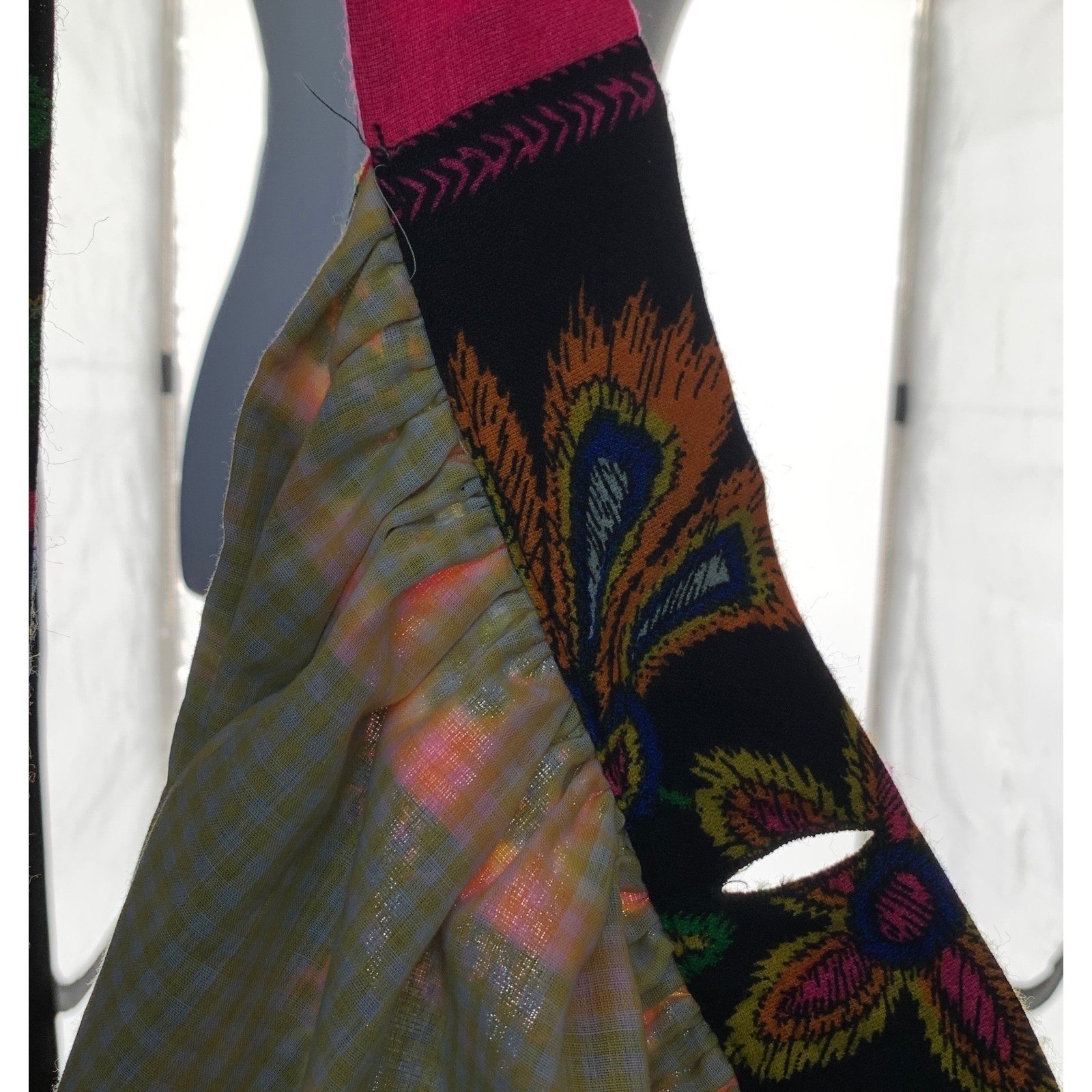 Vintage Joseph Magnin Floral Wrap Skirt Black Neon Pink Gingham Lined Boho 9