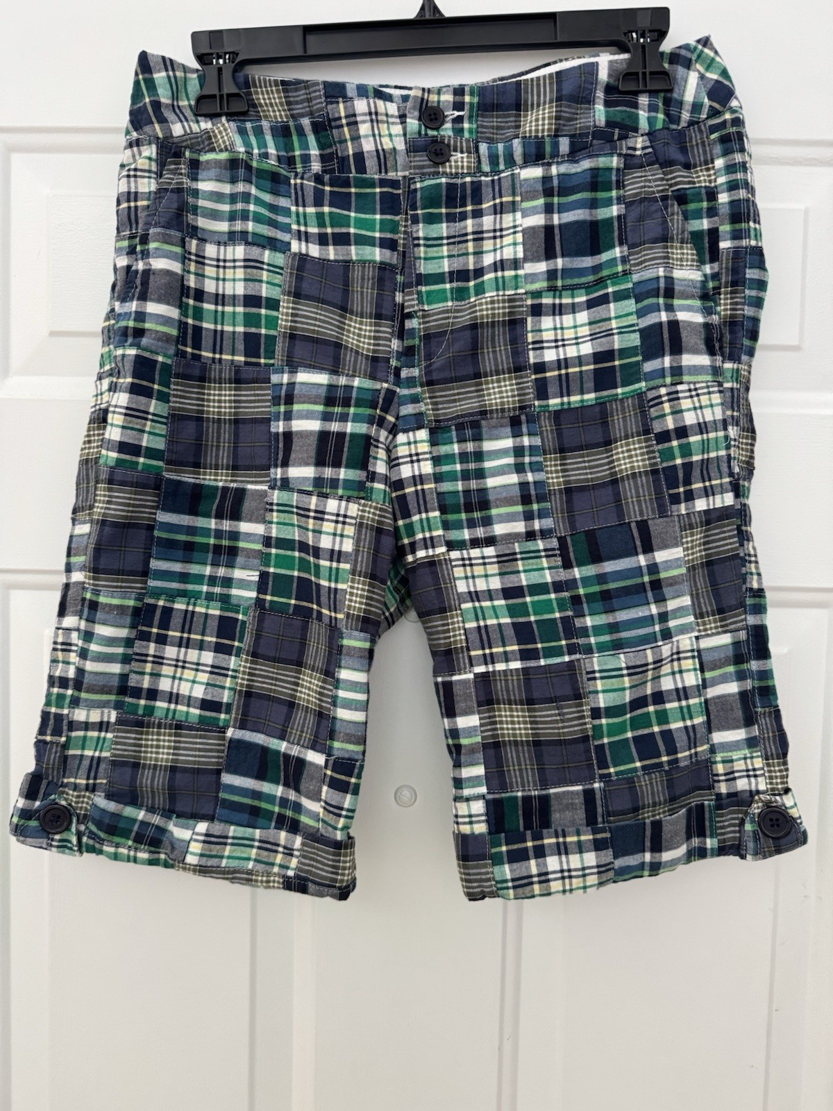 Cambridge Dry Goods Women’s Navy & Green Patchwork Madras Bermuda Shorts -Size 4