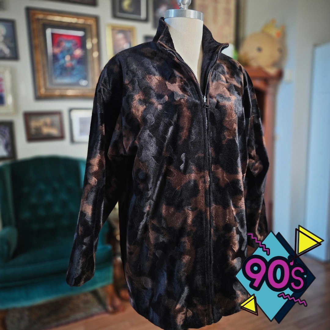 Elnora Faux Fur Jacket Vintage 90s Brown Black Abstract Plush Zip Coat Large