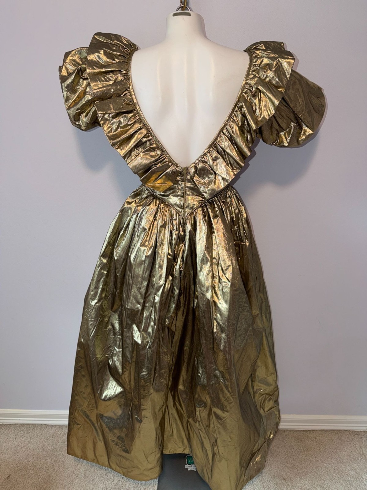 Vintage 80s Gold Lame Prom Dress S M Puff Sleeve Metallic Liquid Gold Ball Gown