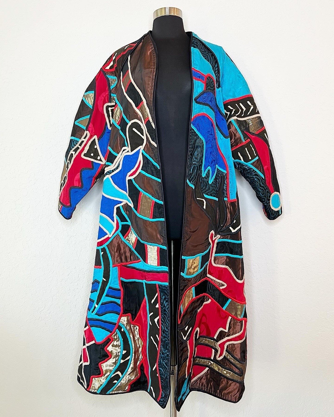 Vintage 80s Judith Roberts Patchwork Mermaid Embroidered Mudcloth Long Coat