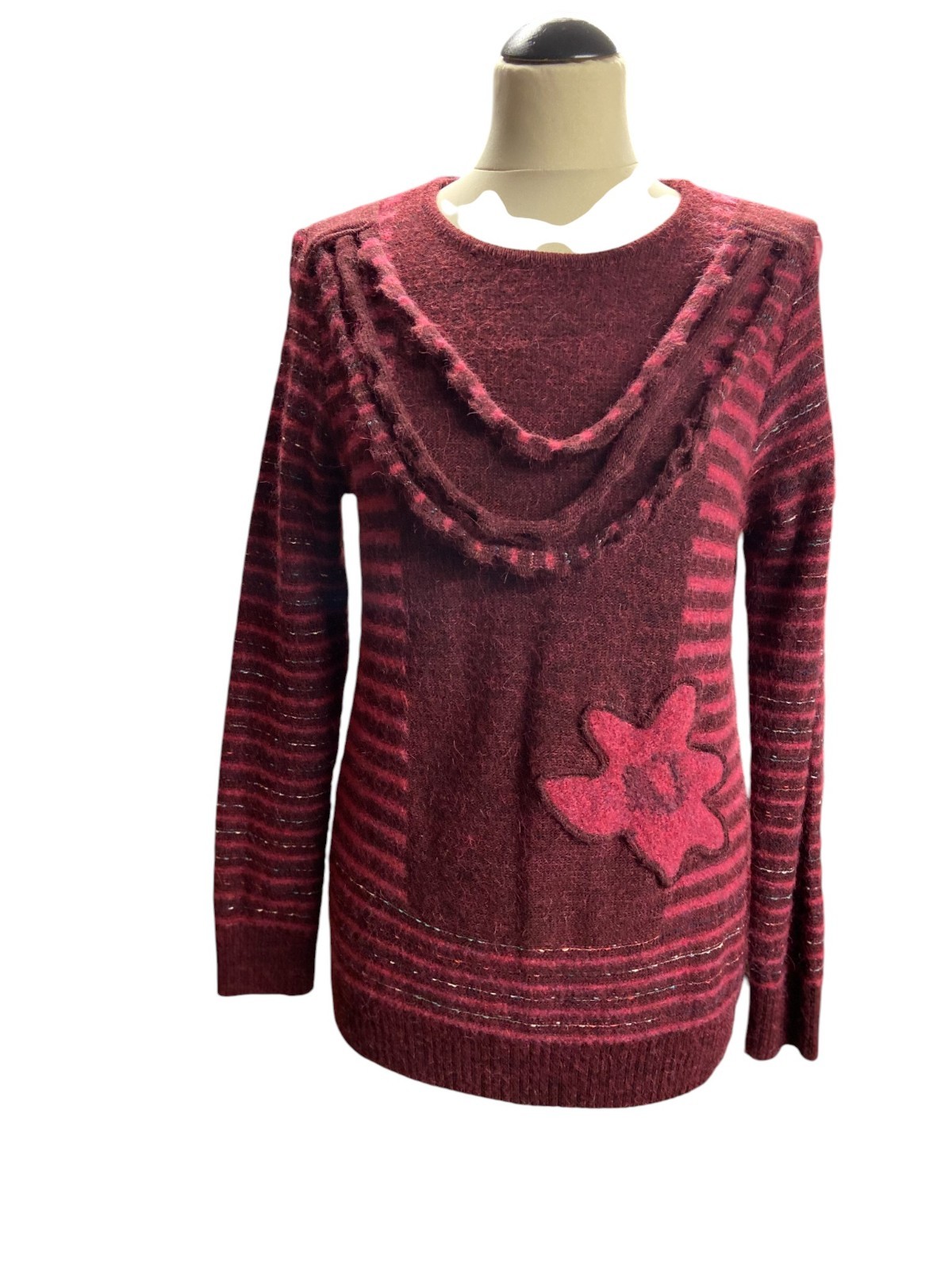 Vintage Red Hand Knit Women’s Sweater | Cozy Long Sleeve Pullover | Size S/M