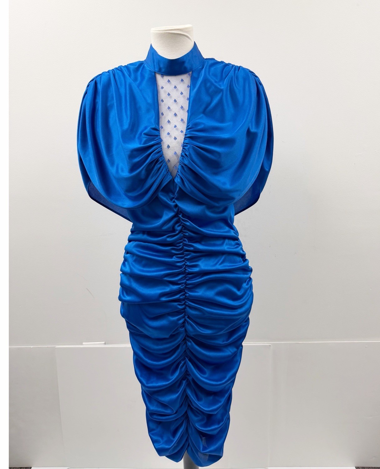 80s Prom Party Dress Sheer Bust Draped Bodycon Vamp Glam Disco Glam Cobalt Blue