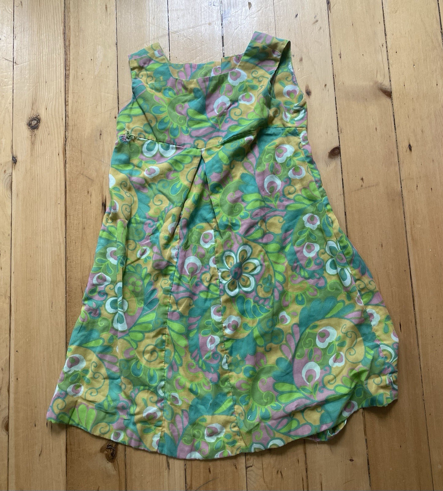 Vintage 60s 70s Juniorite Mod Psychedelic Mini Dress Green Pink Sleeveless Sz S