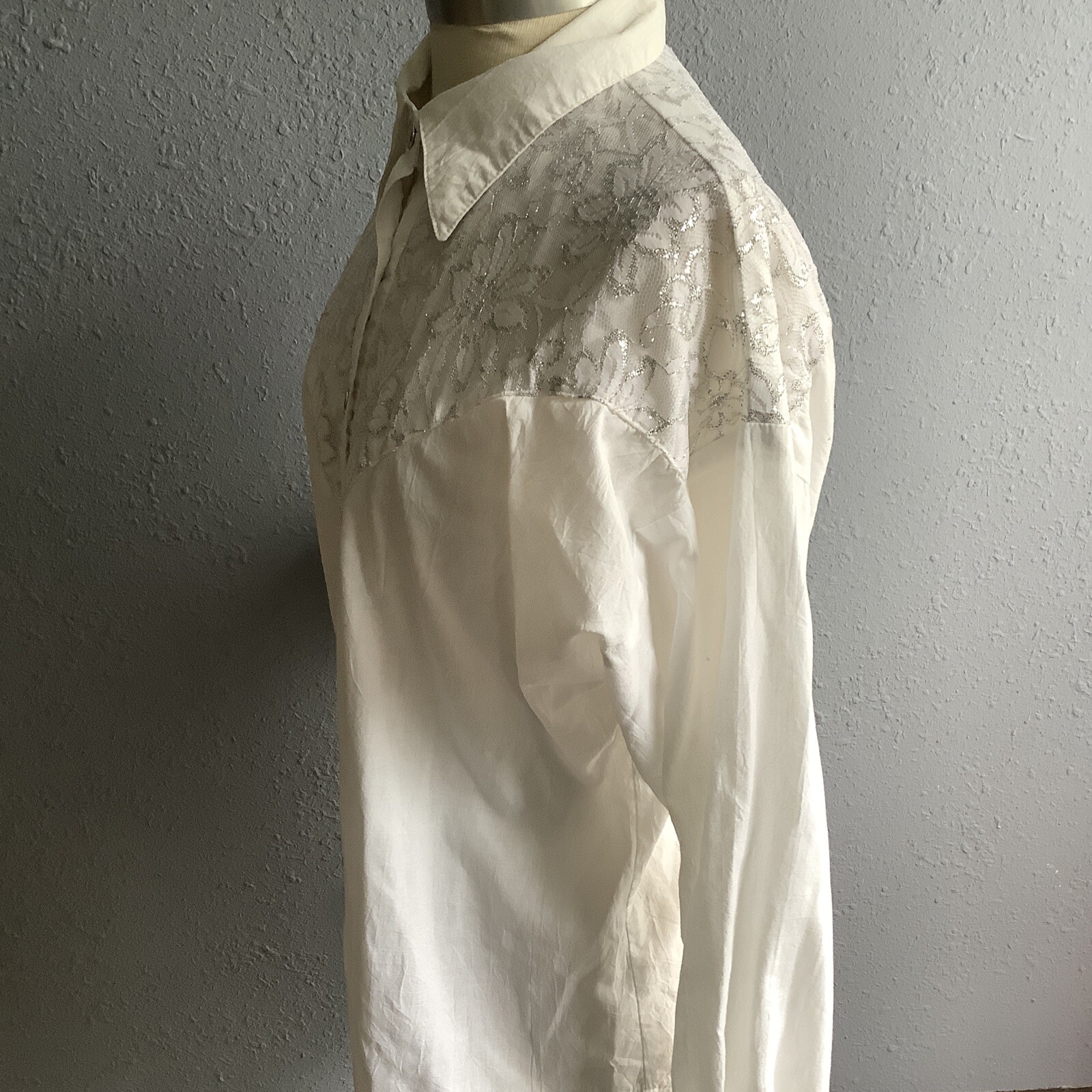 Vintage 80s Lilia Smitty White Long Sleeve Western Lace Metallic Bib Shirt MED