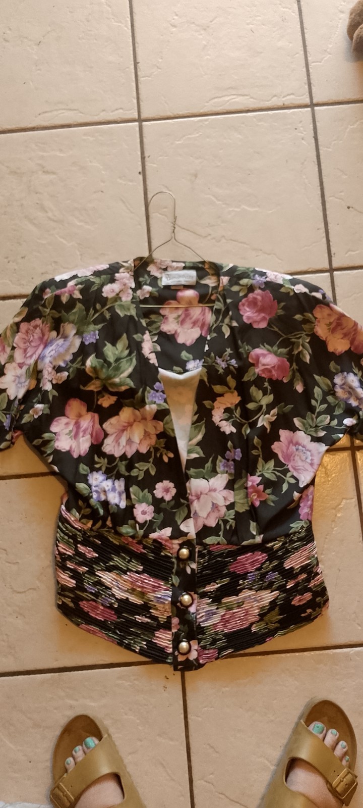 Vtg,Damon Petite,Ruched Waist Women’s Blouse/Jacket,Shor Sleeve,Floral,Union Tag