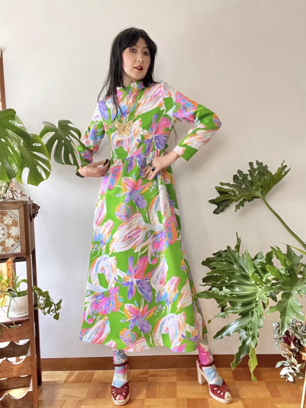 VTG 70s Swirl Concept Psychedelic Floral Hostess Maxi Dress Neon Mod XS-M