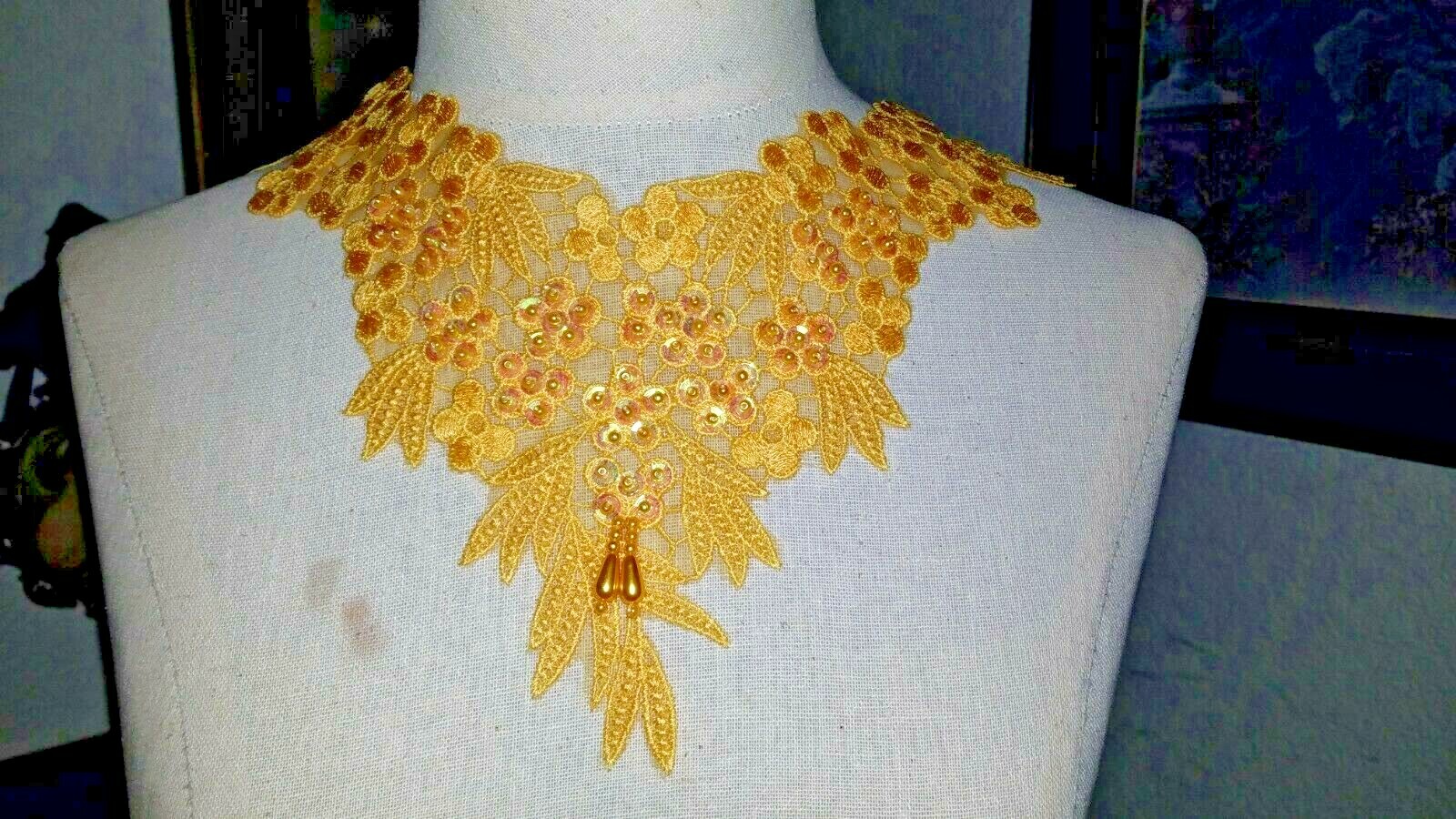 vintage lace, bead and sequin Yellow Victorian collar