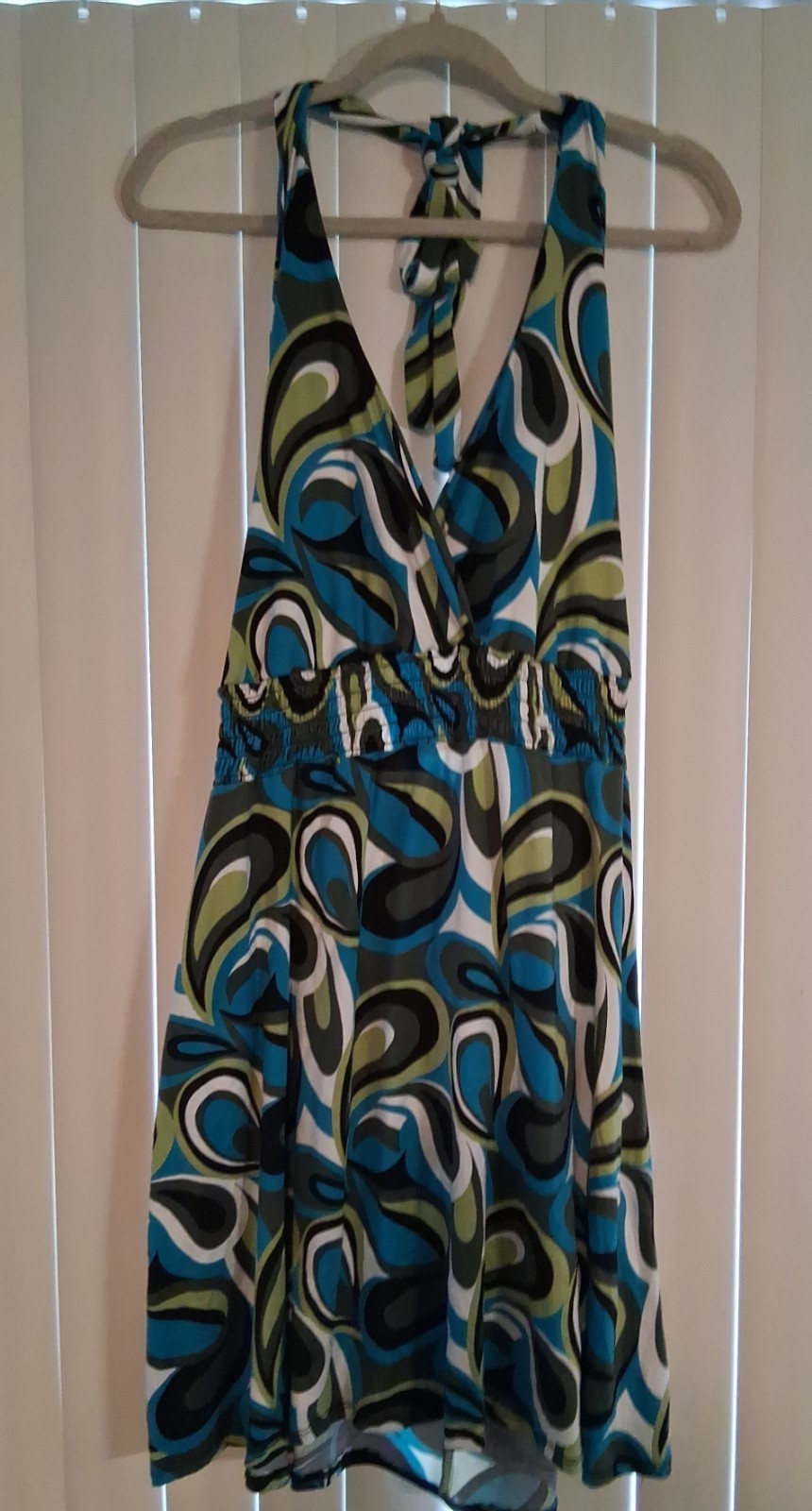 Vintage Vibe Y2K Teal Abstract Swirl Halter Top Midi Dress 2X Boho Smocked