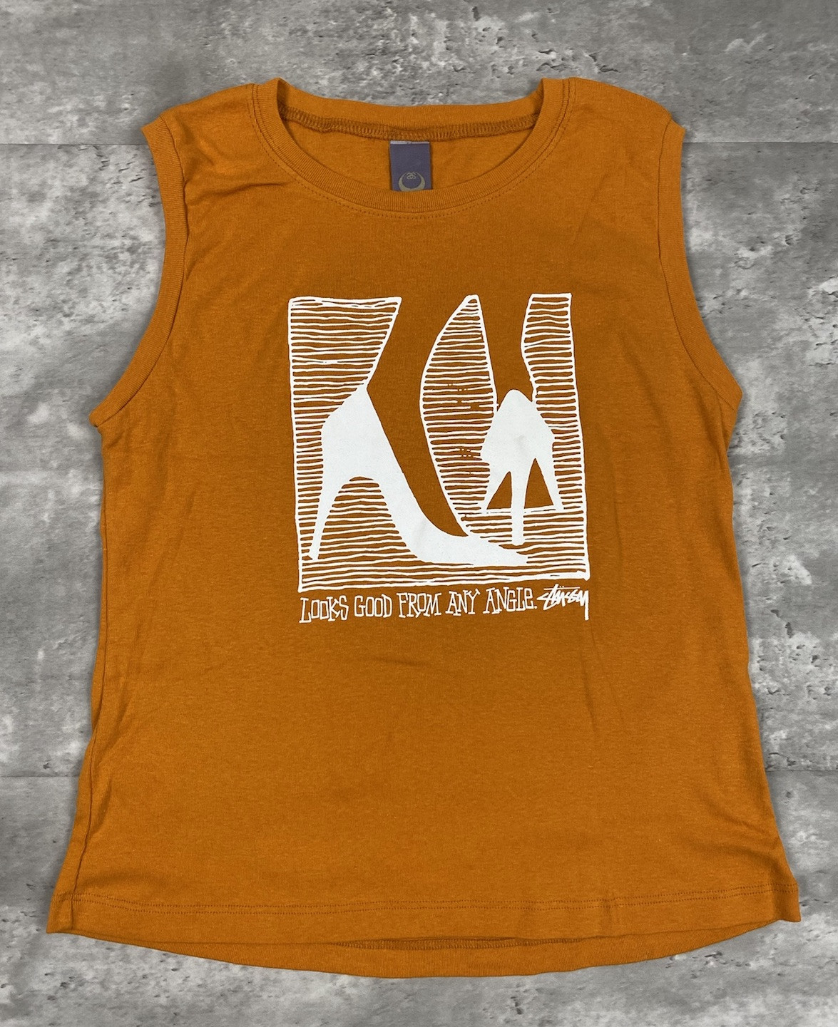 vintage STUSSY HEELS LOOKS GOOD FROM ANY ANGLE TANK TOP SHIRT WOMENS L Y2K 2000s