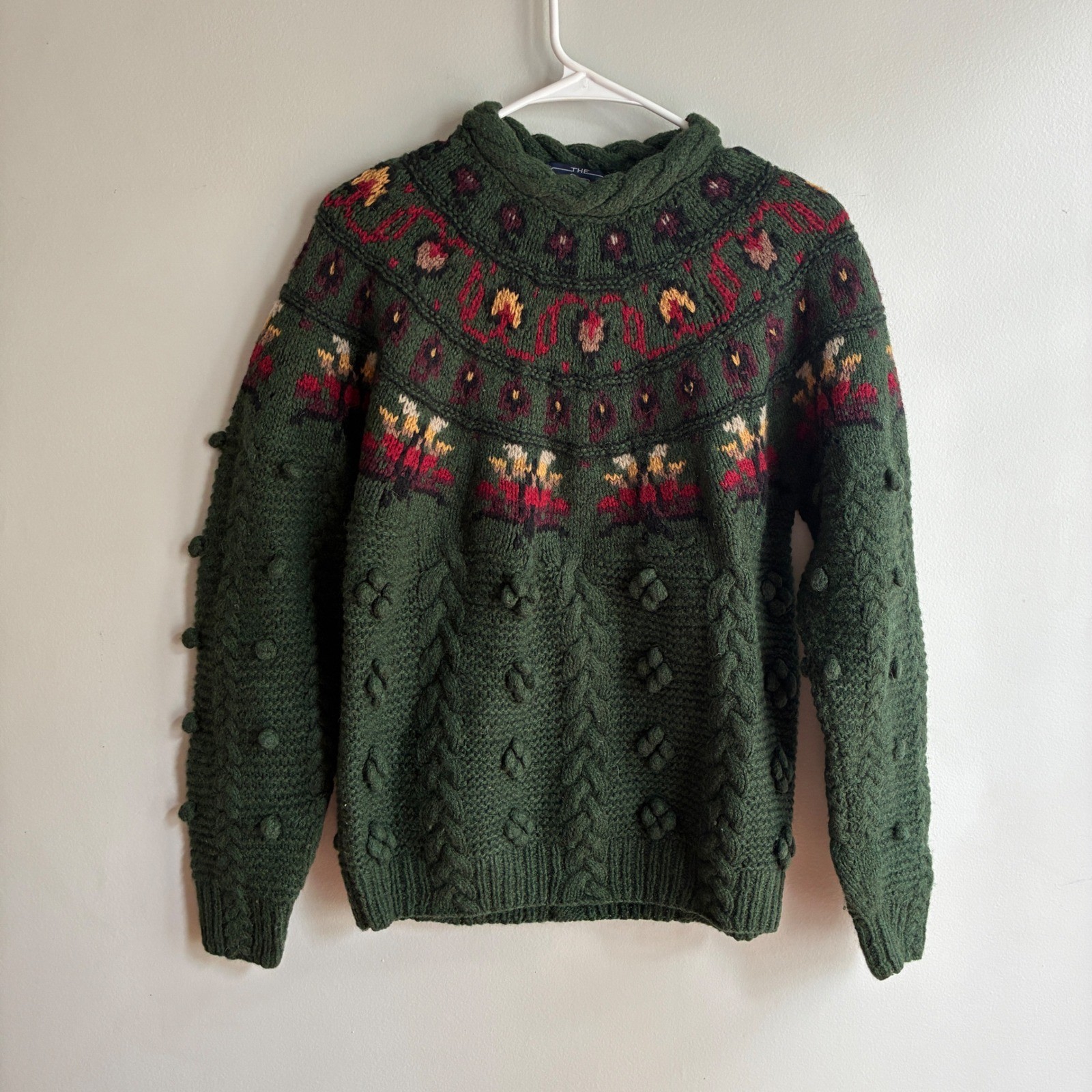 Woolrich Sweater Women Medium Green Vintage Wool Fair Isle Bobble Cable Knit